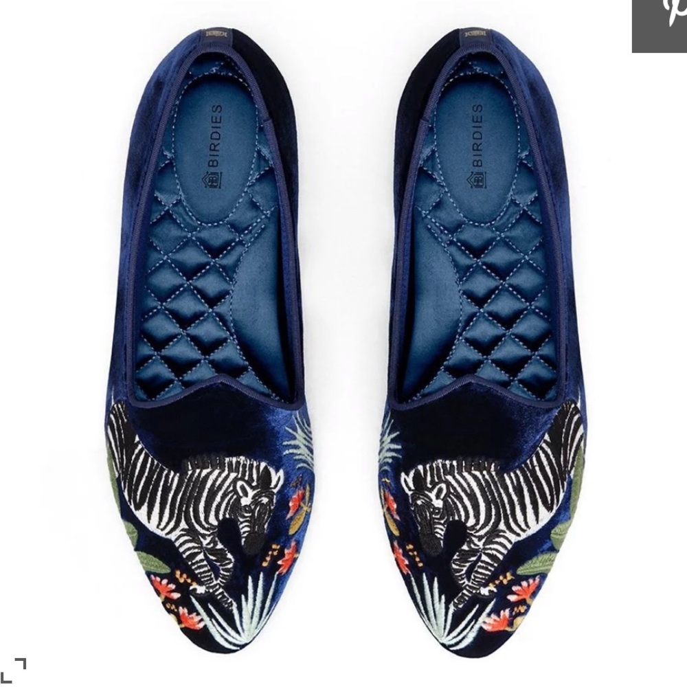 💙🦓NWT BIRDIES X MINTED embroidered velvet smoking slippers - zebra